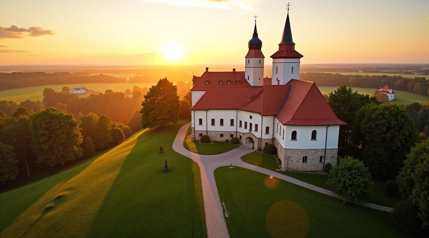 Lietuvos pilies kompleksas su senais dvarais, architektūrinis vaizdas